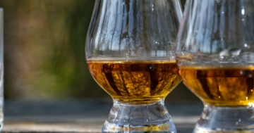 Whisky-Verkostung: Drei Glencairn-Gläser und Wasser.