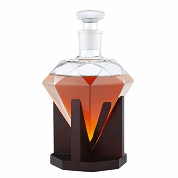 AMAVEL Whisky Karaffe in Form eines Diamanten – Dekanter mit luftdichtem Verschluss – Holz-Ständer – Klarglas – Decanter für Whiskey – Hergestellt in Handarbeit – 1000 ml - 1