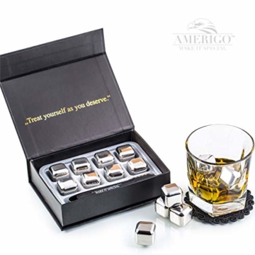 Exklusives Edelstahl Whisky Steine Geschenkset – Hohe Kühltechnologie - 8 Whisky Eiswürfel Wiederverwendbar - Edelstahl Eiswürfel - Besondere Geschenke für Männer - Edelstahl Kühlstein von Amerigo - 2