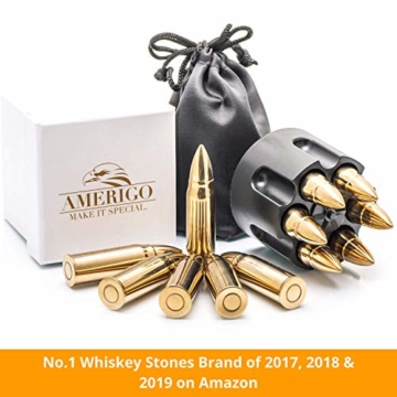 Gold XL Edelstahl Whisky Steine Bullets – Hohe Kühltechnologie - Geschenk für Männer - Eiswürfel Wiederverwendbar - Edelstahl Eiswürfel - 6 Whiskey Patrone Männer Geschenke - Amerigo Whiskey Zubehör - 4