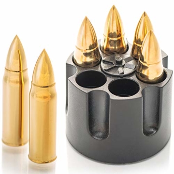 Gold XL Edelstahl Whisky Steine Bullets – Hohe Kühltechnologie - Geschenk für Männer - Eiswürfel Wiederverwendbar - Edelstahl Eiswürfel - 6 Whiskey Patrone Männer Geschenke - Amerigo Whiskey Zubehör - 1