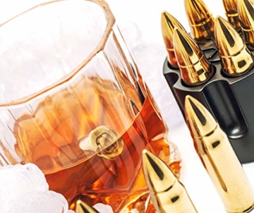 Gold XL Edelstahl Whisky Steine Bullets – Hohe Kühltechnologie - Geschenk für Männer - Eiswürfel Wiederverwendbar - Edelstahl Eiswürfel - 6 Whiskey Patrone Männer Geschenke - Amerigo Whiskey Zubehör - 5