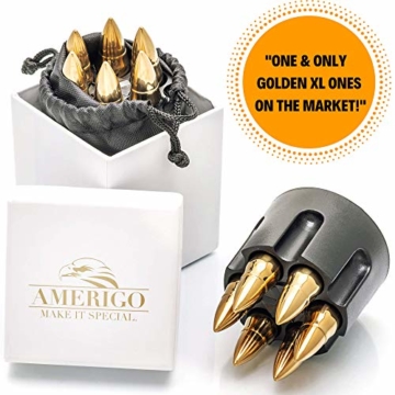 Gold XL Edelstahl Whisky Steine Bullets – Hohe Kühltechnologie - Geschenk für Männer - Eiswürfel Wiederverwendbar - Edelstahl Eiswürfel - 6 Whiskey Patrone Männer Geschenke - Amerigo Whiskey Zubehör - 6