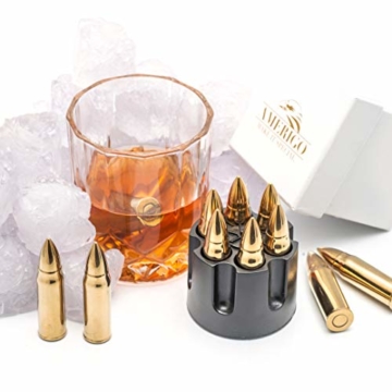 Gold XL Edelstahl Whisky Steine Bullets – Hohe Kühltechnologie - Geschenk für Männer - Eiswürfel Wiederverwendbar - Edelstahl Eiswürfel - 6 Whiskey Patrone Männer Geschenke - Amerigo Whiskey Zubehör - 8