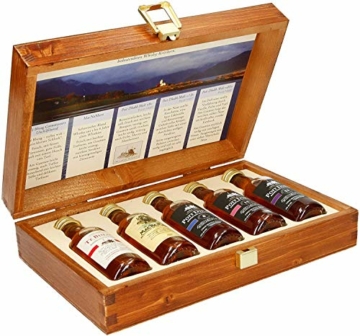 Pràban na Linne Whisky Probier- und Geschenkset (5 x 0.05 l): 5 x 50 ml in hochwertiger Holzkiste | Té Bheag, MacNaMara, Poit Dhubh 8, Poit Dhubh 12, Poit Dhubh 21 | Whisky Geschenkset & Probierset - 1