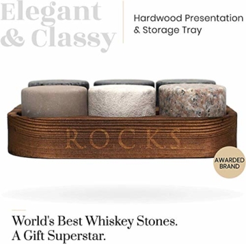 ROCKS WHISKEY CHILLING STONES Whisky Steine - Set Aus 6 Handgefertigten Premium Granit Rundschleifsteinen - Präsentations & Aufbewahrungsschale Aus Hartholz R.O.C.K.S. - 2