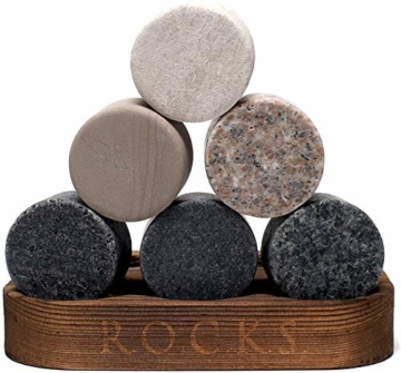 ROCKS WHISKEY CHILLING STONES Whisky Steine - Set Aus 6 Handgefertigten Premium Granit Rundschleifsteinen - Präsentations & Aufbewahrungsschale Aus Hartholz R.O.C.K.S. - 3