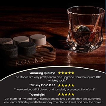 ROCKS WHISKEY CHILLING STONES Whisky Steine - Set Aus 6 Handgefertigten Premium Granit Rundschleifsteinen - Präsentations & Aufbewahrungsschale Aus Hartholz R.O.C.K.S. - 4