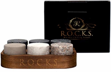 ROCKS WHISKEY CHILLING STONES Whisky Steine - Set Aus 6 Handgefertigten Premium Granit Rundschleifsteinen - Präsentations & Aufbewahrungsschale Aus Hartholz R.O.C.K.S. - 7