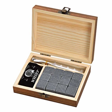 WOMA Whisky Steine Set - 6, 9 & 12 Eiswürfel wiederverwendbar aus Basalt mit Samtbeutel, hochwertiger Holzbox und Edelstahl Zange, Geschmacksneutral, Kein Verwässern für Whiskey, Wodka, Gin & Mehr - 2