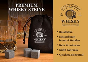 WOMA Whisky Steine Set - 6, 9 & 12 Eiswürfel wiederverwendbar aus Basalt mit Samtbeutel, hochwertiger Holzbox und Edelstahl Zange, Geschmacksneutral, Kein Verwässern für Whiskey, Wodka, Gin & Mehr - 6